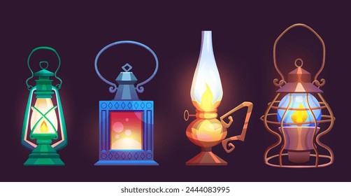 Old oil and gas lamp with flame. Cartoon vector illustration set of glowing vintage kerosene lantern. Antique classic petrol light bulb with handle. retro mine or camp portable lamp with fire.