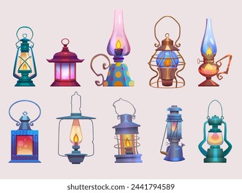 Old oil lamp, gas or kerosene camp lantern vector set. Antique light with fire isolated design. Vintage garden and camping portable outdoor warning flame. Safety miner hanging brass equipment