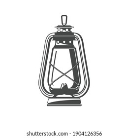 Old oil lamp, kerosene camping lantern silhouette, oil lamp icon, vector