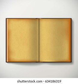 Old open antique book with open blank sheets isolated on white background. Stock vector illustration.