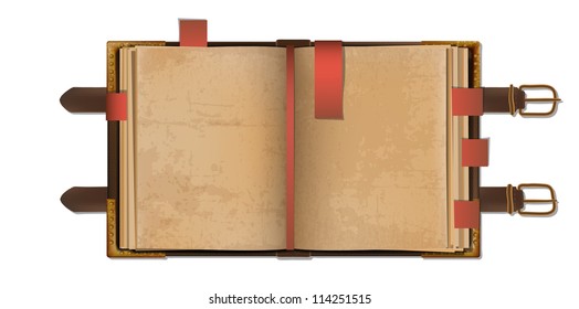 Old open blank book with bookmarks in a leather cover with metal clasps. EPS10 vector