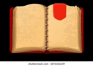 Old Open Blank Red Book With A Bookmark. Vector Illustration Isolated Vintage Book Template For Graphic Design.