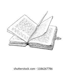
 Old open book with clasp. Hand-drawn vintage drawing . Vector sketch. Isolated object on white background. Imitation of engraving.
