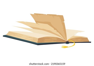 Old open book with empty page. Wisdom or education concept. Vintage library design element. Ancient writing stationery symbol for poetry work or education