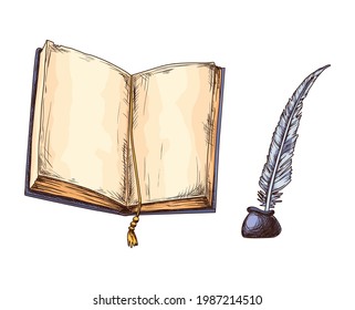 Old open book and feather in inkwell. Education and wisdom concept. Vector icon for education and literature theme design. Vintage book illustration