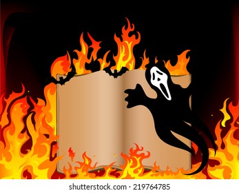 Old open book and ghost in fire