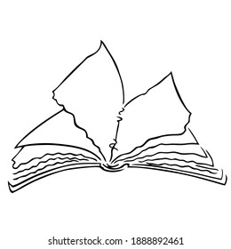 An old open book. Hand drawing. Empty, battered pages.