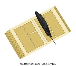 Viejo libro abierto y pluma de cuervo aislada en un fondo blanco. Ilustración vectorial.