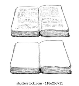 
 Old open book . Set of two books. Hand-drawn vintage drawing . Vector sketch. Isolated object on white background. Imitation of engraving.