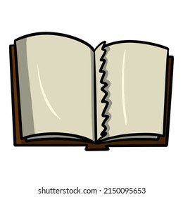 An old open book with a torn page, cartoon vector illustration on a white background