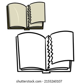 An old open book with a torn page, a cartoon vector illustration on a white background. A set of colored and sketched images, a coloring book.