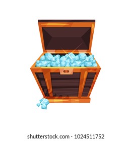 Old open chest full of precious stones. Shiny blue diamonds in wooden box. Symbol of wealth. Valuable gemstones. Cartoon flat vector design