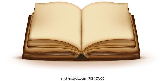 Old Open Magic Book With Blank Pages. Isolated On White Vector Cartoon Illustration