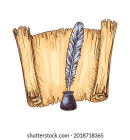 Old open parchment and feather in inkwell. Education and wisdom concept. Vector icon for education and literature theme design. Vintage parchment illustration