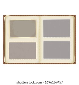 an old open photo album in a leather cover. photo templates with patterned edges in the grunge style. the corners are fixed with tape. isolated on a white background