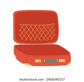 Old Open Red suitcase for travel and business trips tourism, voyage or vacation isolated on white. Flat vector illustration of traveler's luggage. 