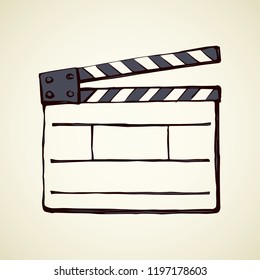 Old open striped start flick take device on white backdrop. Freehand line dark ink hand drawn clapperboard logo sketchy in artistic vintage doodle style pen on paper space for text. Front closeup view