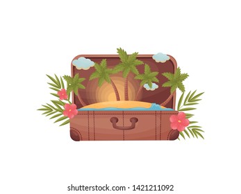 Old open suitcase with beach, sea, clouds and palm trees inside. Decorated with pink flowers and green leaves.