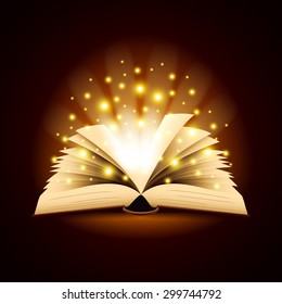 Old opened book with magic light photo realistic vector background