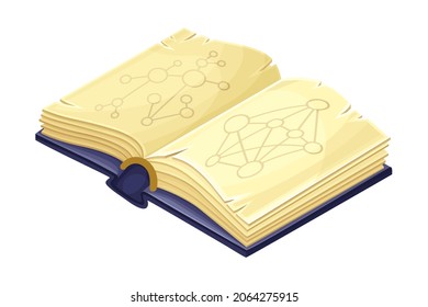 Old opened book with magic spells cartoon vector illustration