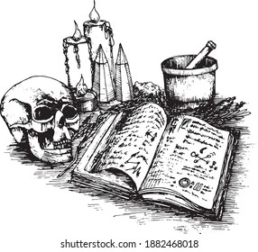 un antiguo libro de mimbre abierto con cráneo, cristales, velas y hierbas en la mesa. imagen vintage vectorial