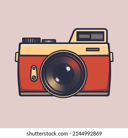 Una vieja cámara naranja con una gran lente. Un diseño vectorial vintage.
