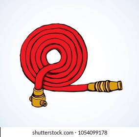 Old orange cotton pour attack pipeline firehose gear on white backdrop. Bright red ink hand drawn 911 save risk object concept emblem logo sketchy in modern art scribble style space for text
