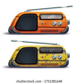 Old orange radio receiver isolated over white background, yellow retro tape recorder. Fun vintage antique music device, audio tuner, sound speaker. Vector digital illustration.