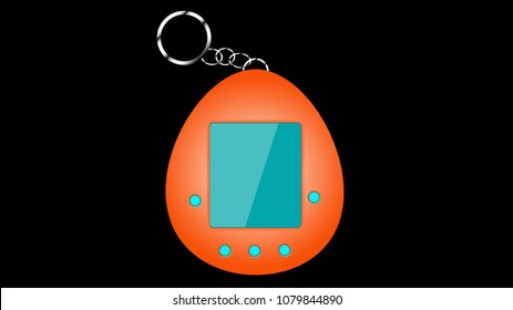 Old orange retro vintage antique hipster electronic toy tamagochi in the form of an egg, from the 80's, 90's for grooming a pet on a black background. Vector illustration.