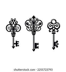 Old Ornate Keys Set on White Background. Vector