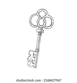 Old ornated forged door key, etched outlined drawing in vintage style. Retro engraved antique victorian medieval item with ornament. Hand-drawn vector illustration isolated on white background