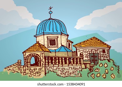 Old orthodox church in Montenegro, Perast. Hand drawn illustration