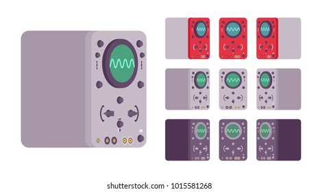 Old oscilloscope set. Retro device for viewing oscillations by a display on the screen, to give a visual graph of amplitude. Vector flat style cartoon illustration isolated on white background