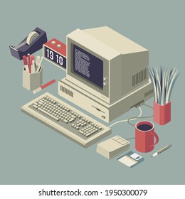 Old outdated desktop PC with mouse, keyboard and floppy disk, isometric 3D illustration
