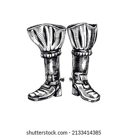 Old over the knee boots with spur, hand drawn black and white vector illustration. Vintage cavalry footwear sketch isolated on white background