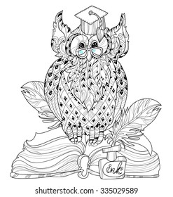 Old Owl  on books- hand drawn doodle vector on white background.Isolated illustration zentangle ready for coloring book.