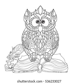Old Owl on books- hand drawn doodle vector on white background.Isolated illustration zen art ready for adult anti stress relax coloring book.