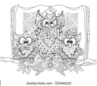 Old Owl  on tree branch with small owls  - hand drawn doodle vector on white background.Isolated illustration zentangle ready for coloring book.