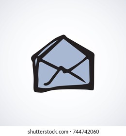 Old packaging template on white backdrop. Item sms app concept. Freehand outline black ink pen hand drawn picture emblem sketchy in art modern scribble cartoon style with space for text