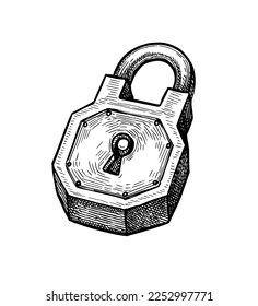 Old padlock. Ink sketch isolated on white background. Hand drawn vector illustration. Retro style.