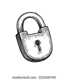 Old padlock. Ink sketch isolated on white background. Hand drawn vector illustration. Retro style.