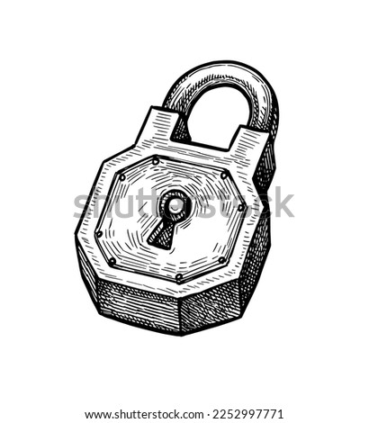 Old padlock. Ink sketch isolated on white background. Hand drawn vector illustration. Retro style.