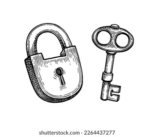 Old padlock and key. Ink sketch isolated on white background. Hand drawn vector illustration. Retro style.