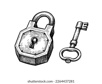Old padlock and key. Ink sketch isolated on white background. Hand drawn vector illustration. Retro style.