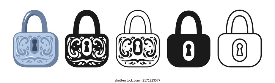 Old Padlock Square Shape Icon Set. Lock Vintage For Safety And Security Symbol Protection Design Element. Metal Cartoon Shiny Locks Sign, Game, Web Or App Ui Locking Privacy Or Encryption Logo