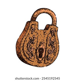 old padlock vintage hand drawn. fashioned rustic, ornate historic, timeless unique old padlock vintage vector sketch. isolated color illustration