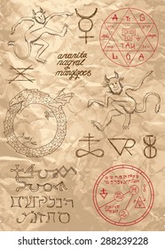 Old page from magic book with demons and mystic symbols. Halloween illustration. Signs are not foreign text, these letters are imaginary, fictional symbols.