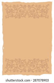 Old page in a medieval style with floral ornament of interwoven stems, foliage and flowers. Vector edging, design element and page decoration. Place for text. Vector retro background