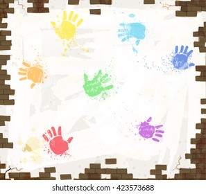 old painted brick wall with prints of colored children palm, art wall background, vector 