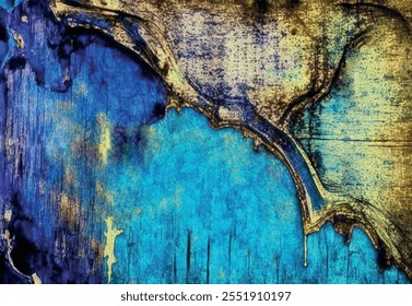 Old painted stucco wall mural cracked background texture.Blue indigo golden yellow color.Retro wallpaper surface.Vintage banner design.Card template.Frame.Presentation.Abstract gradient backdrop paper